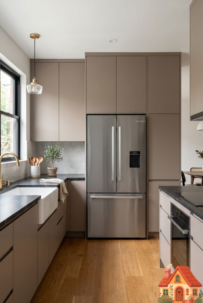 A sleek, modern small kitchen showing a flush, counter-depth stainless steel refrigerator perfectly aligned with the surrounding matte-taupe cabinetry. The walking space in front is completely clear and unobstructed. Clean lines, architectural photography.