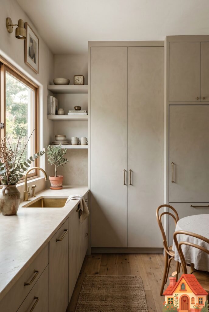 A sophisticated small kitchen where the refrigerator and dishwasher are completely hidden behind custom cabinet panels painted in a soft wabi-sabi greige. The room looks incredibly cohesive and more like a high-end living space than a standard kitchen. 8k resolution.
