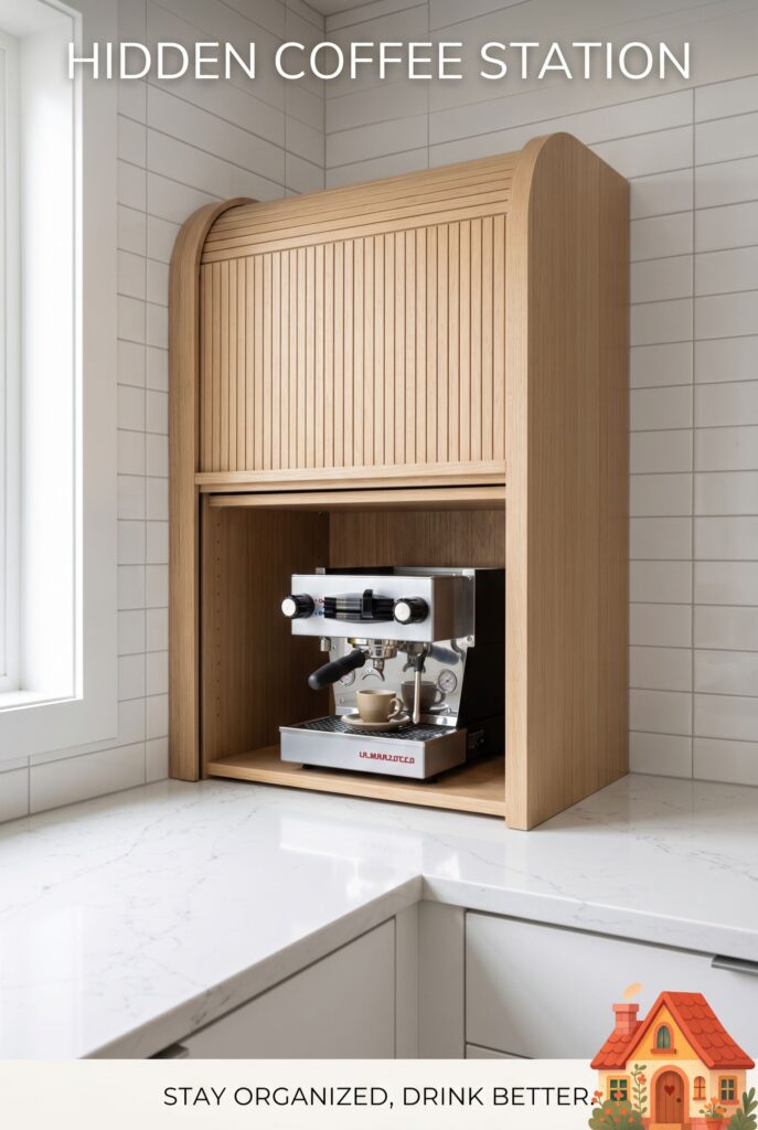 A kitchen counter corner featuring a beautifully crafted wooden tambour door pulled halfway down, revealing a neatly stored espresso machine inside. The surrounding white quartz counter is entirely empty and clutter-free. Minimalist, organized, bright.