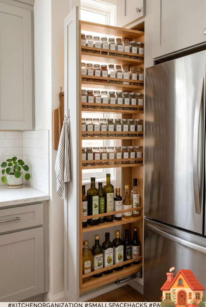 A tight kitchen space showing a narrow, floor-to-ceiling wooden pull-out pantry drawer fully extended from between the fridge and a wall. It is packed tightly with neatly organized glass spice jars and oils. Genius space-saving design, highly functional.