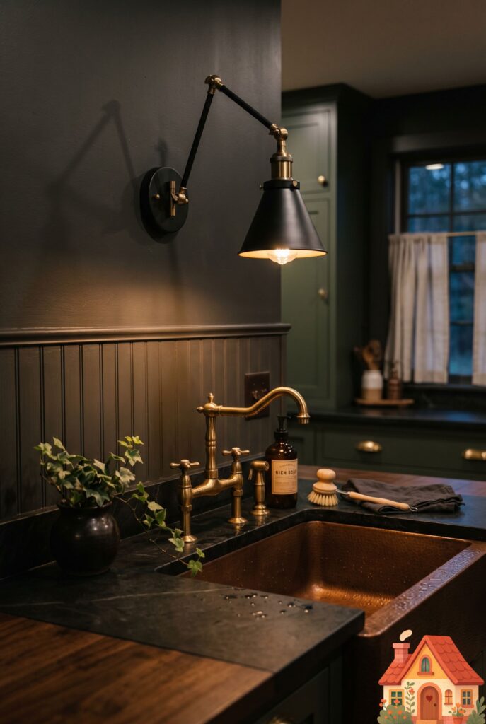 A cozy kitchen sink area. Mounted on the wall above the brass faucet is a delicate, articulating black and brass wall sconce casting a warm, targeted pool of light into the basin. A dark, moody, and deeply romantic evening aesthetic.