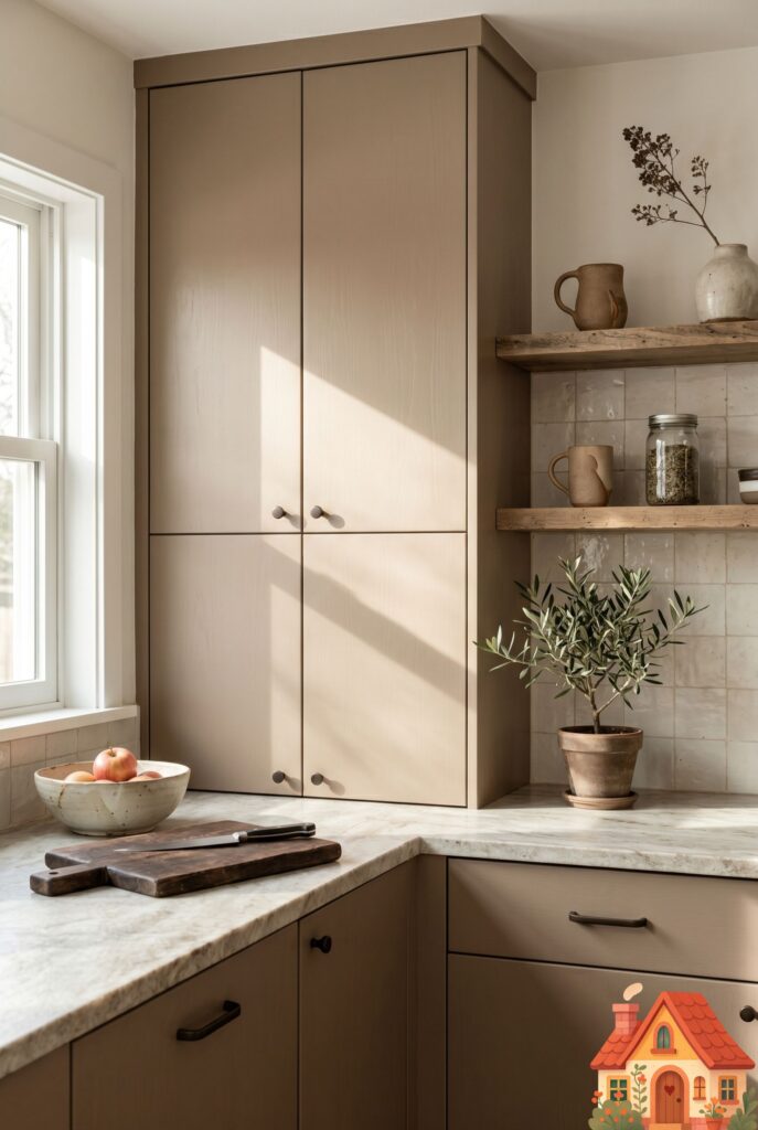  A beautiful small kitchen featuring minimalist, flat-panel cabinets painted in a soft, warm mushroom taupe. The hardware is subtle and matte. Sunlight hits the cabinets, revealing the rich, earthy undertones. Calming, wabi-sabi design, photorealistic.