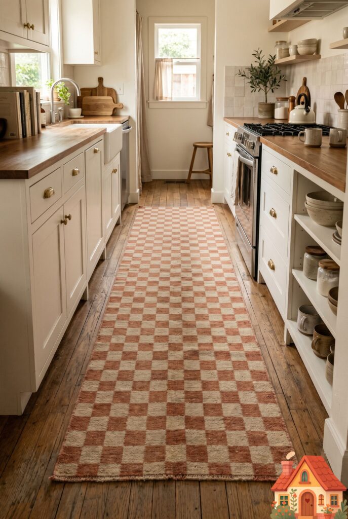 A low-angle shot of a narrow galley kitchen floor. A long, beautiful vintage-style runner rug with a muted beige and soft terracotta checkerboard pattern stretches down the aisle. The pattern visually elongates the small space. Warm, inviting, textured.