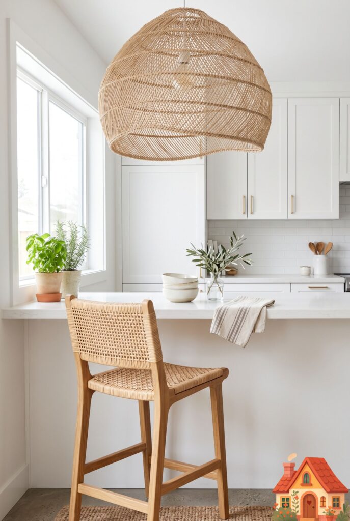 A small, bright kitchen featuring a massive, organically shaped woven rattan pendant light hanging from the ceiling. A single rattan and wood barstool sits below. The natural fibers contrast beautifully with the smooth modern counters. Breezy, tactile aesthetic.