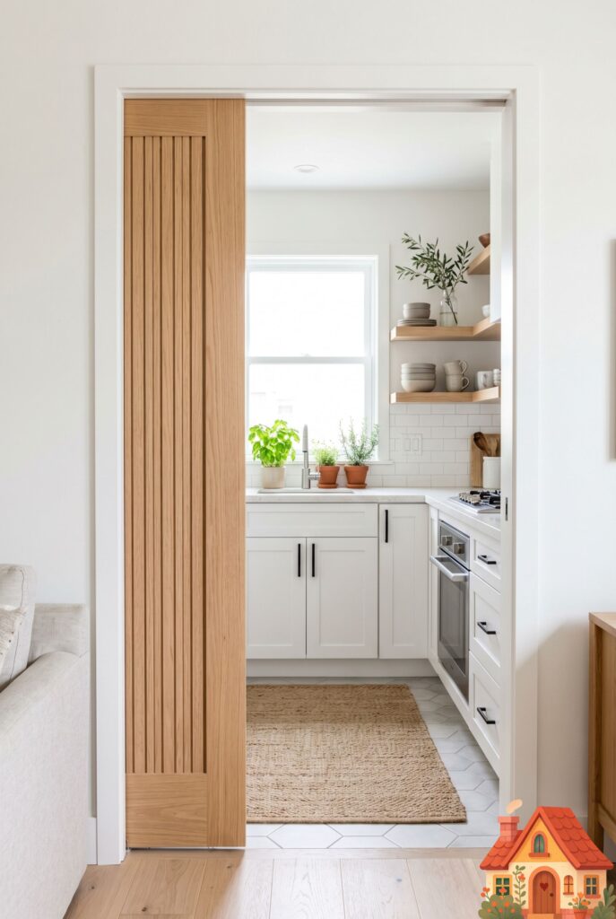  A view looking into a small, well-designed kitchen through a doorway. A custom wooden pocket door is pushed halfway into the wall, completely out of the way, revealing a bright, minimalist cooking space inside. Seamless architectural flow, highly practical.