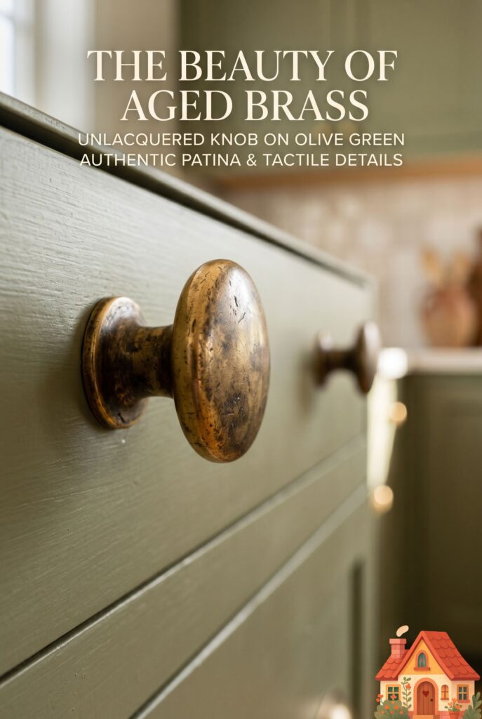Macro photography of a beautifully aged, unlacquered brass cabinet knob on a soft olive-green kitchen drawer. The metal shows a rich, authentic patina. Soft window light catches the warm, golden edge of the brass. Highly detailed, luxurious, tactile.