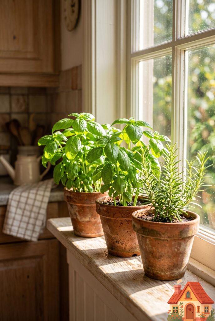 A close-up of a sun-drenched small kitchen windowsill. A row of three small, beautifully weathered terracotta pots holds vibrant, lush green basil and rosemary plants. Sunbeams filter through the leaves. Fresh, organic, biophilic design, 8k.