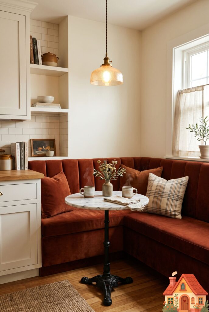  A tight kitchen corner perfectly utilized with a built-in L-shaped banquette bench upholstered in deep rust velvet. A small pedestal bistro table sits in front. A warm pendant light hangs closely overhead. Extremely cozy, intimate dining space, photorealistic.