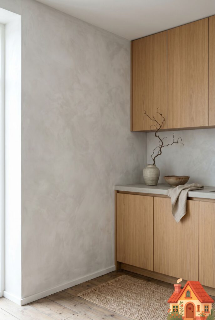 A view of a minimalist small kitchen. One entire wall is left completely blank, finished in a soft, cloudy light-gray limewash plaster. The adjacent wall features sleek cabinets. The negative space feels intentional, calming, and profoundly peaceful. Wabi-sabi design.