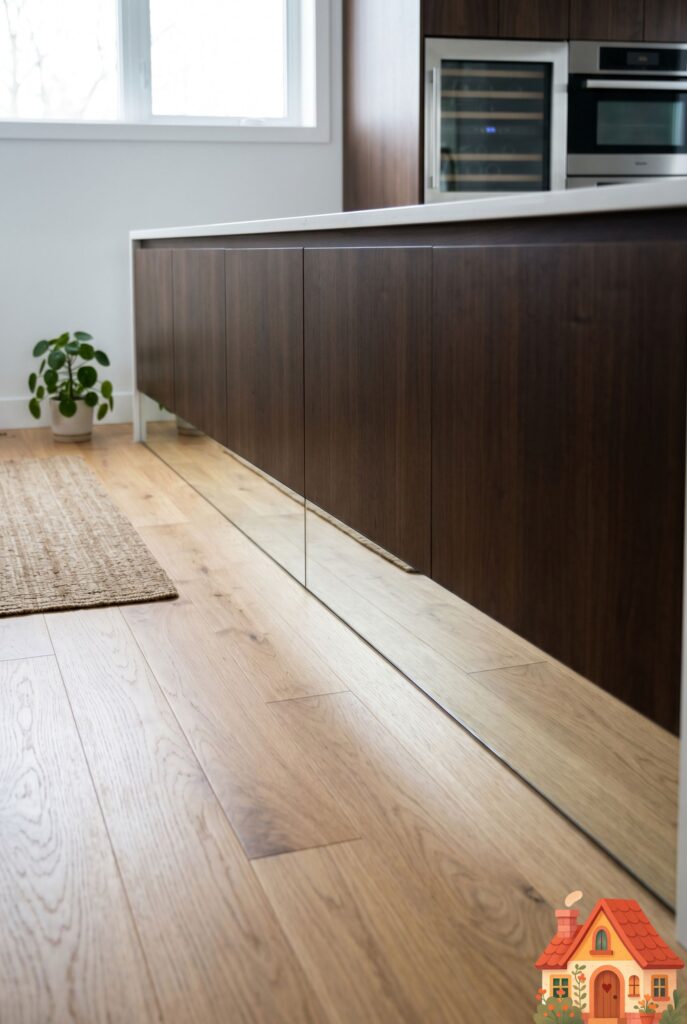  A low-angle shot of the floor in a modern small kitchen. The baseboard toe-kicks beneath the dark wood lower cabinets are mirrored, reflecting the hardwood floor and making the heavy cabinets appear to be floating effortlessly. Clever architectural illusion.