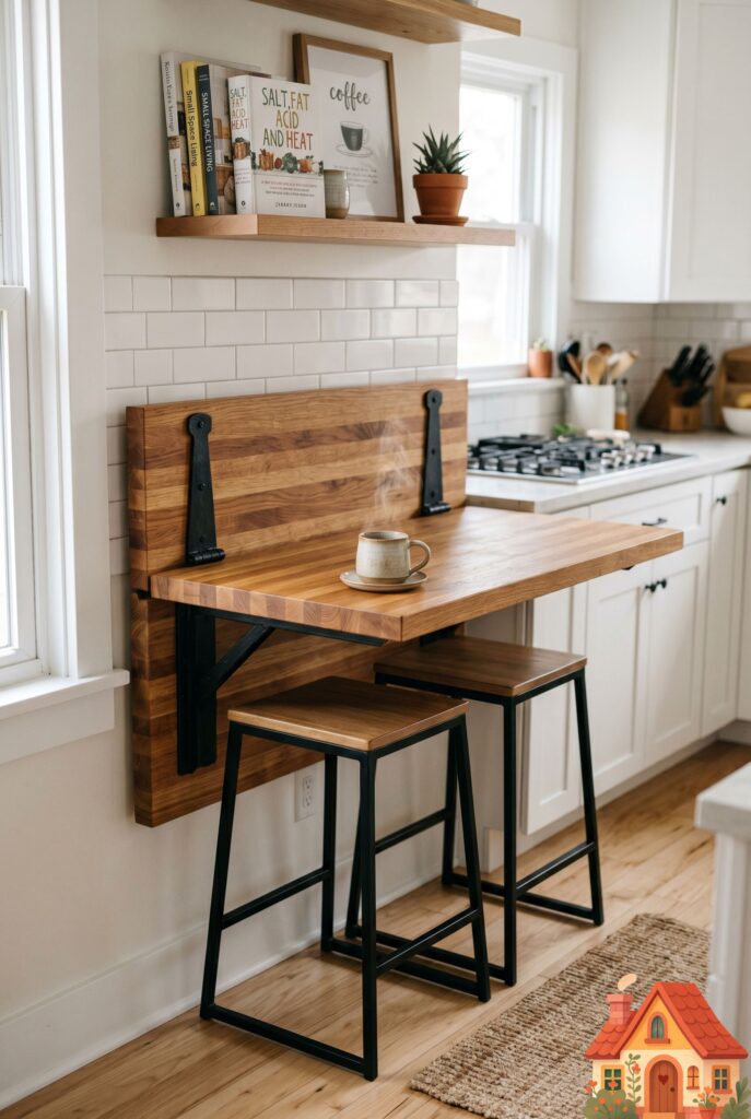 A small kitchen wall featuring a thick, warm oak butcher-block table folded down on heavy black iron hinges. Two minimalist stools are tucked underneath. A steaming cup of coffee sits on the wood. Clever, space-saving design, functional and beautiful.