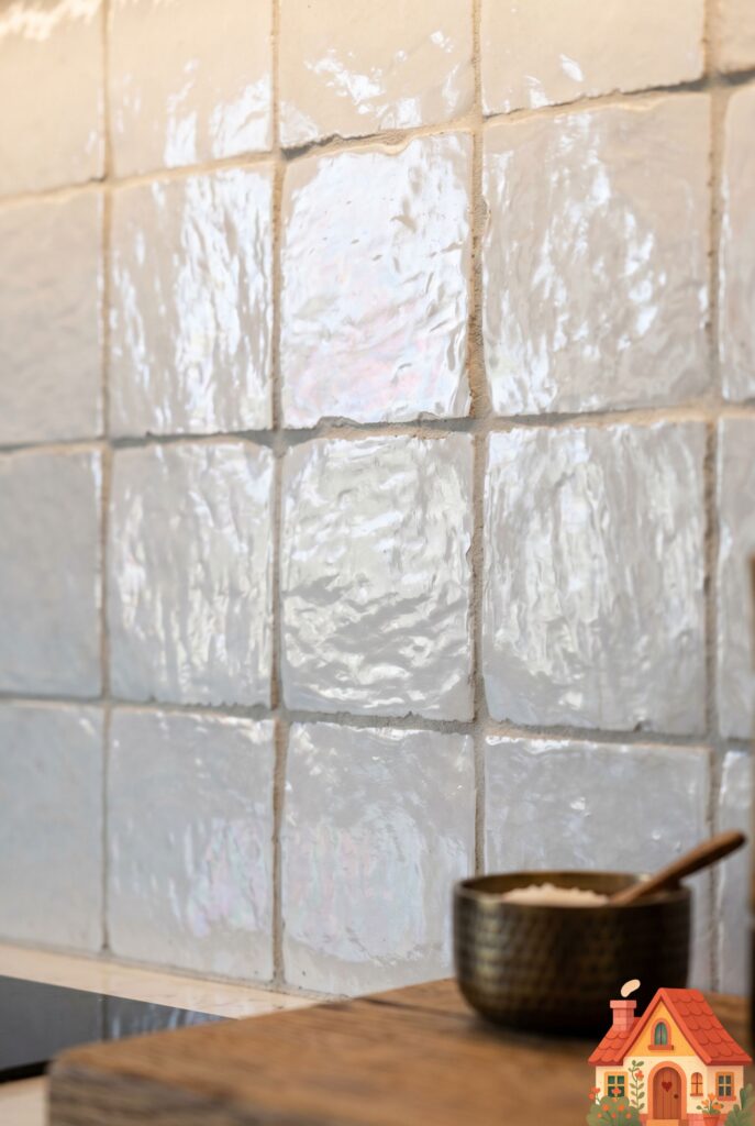  A close-up of a small kitchen backsplash made of authentic, pearlescent white handmade Zellige tiles. The highly uneven, undulating surface of the tiles catches the warm ambient light beautifully, creating a wet, shimmering texture. Wabi-sabi luxury, 8k.