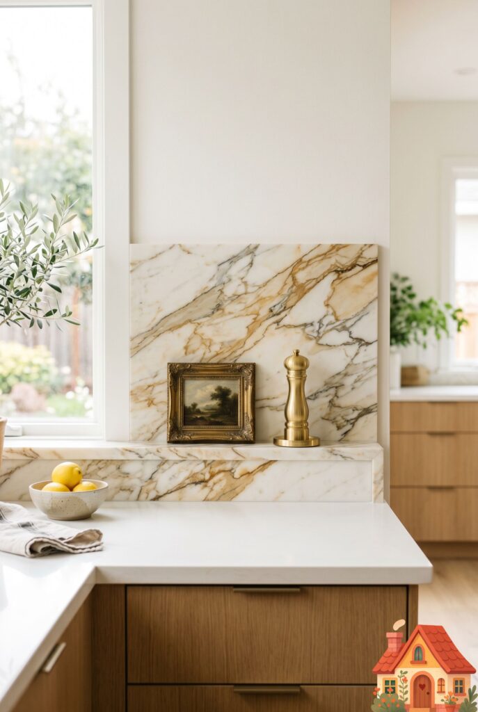 A minimalist kitchen counter featuring a low, 4-inch backsplash made of dramatic, heavily veined warm-toned marble. The marble forms a shallow ledge where a tiny piece of vintage art and a brass salt mill rest. Sophisticated, elegant simplicity.