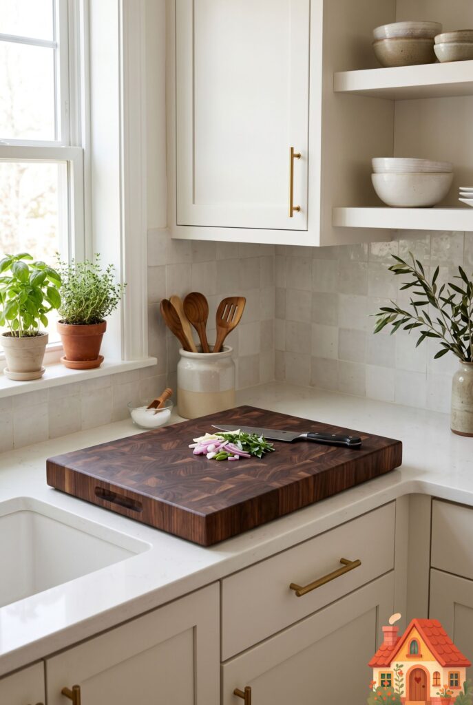 A clean, light-colored small kitchen perfectly grounded by a massive, thick end-grain walnut wood cutting board resting permanently on the counter. The dark, rich chocolate tones of the wood grain stand out beautifully against the light background. High quality, tactile.