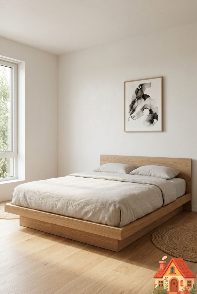 A wide shot of a minimalist apartment guest bedroom. A simple, low-slung oak bed frame rests on a bare, light hardwood floor. One single piece of abstract art on the wall. Intentional negative space, clean lines, Japanese-meets-Scandinavian wabi-sabi design, photorealistic.
