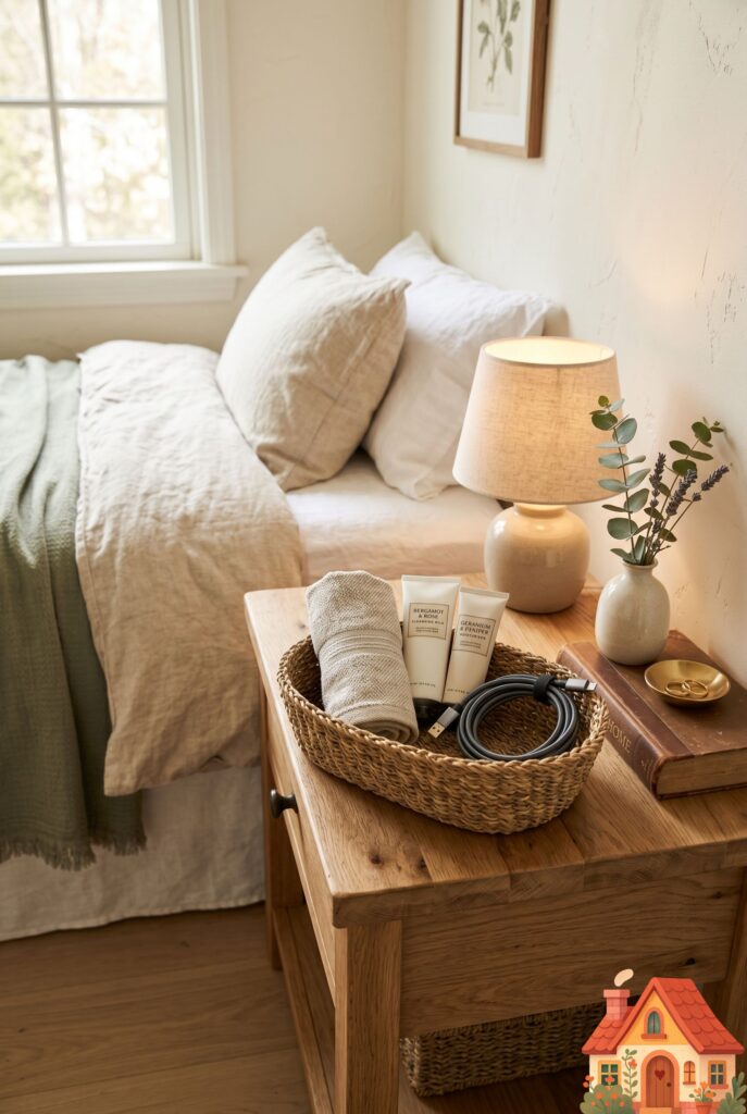 A beautifully styled wooden nightstand featuring a small, artisan-woven seagrass basket. Inside the basket are neatly arranged guest amenities: a rolled linen towel, high-end skincare tubes, and a neatly coiled charging cable. Warm, welcoming, highly detailed lifestyle photography.