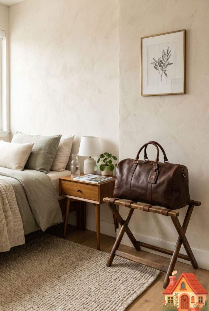 A chic guest bedroom corner featuring a vintage, heavy wood and leather strap luggage rack. A stylish leather weekender bag rests on top of it. The background features a soft neutral rug and a textured plaster wall. Practical, elegant, high-end travel aesthetic.
