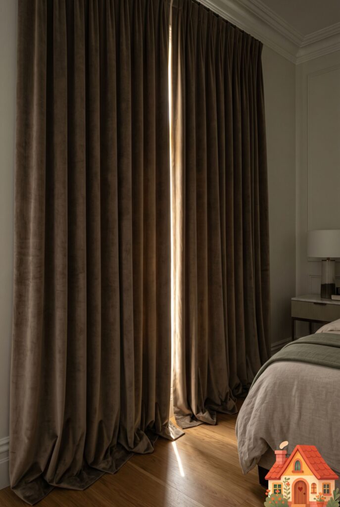 Professional interior design photography of heavy, rich taupe velvet blackout curtains hung close to the ceiling, softly pooling onto a hardwood floor in a guest bedroom. A sliver of bright sunlight is peeking through the middle. Luxurious texture, elegant architectural detail.