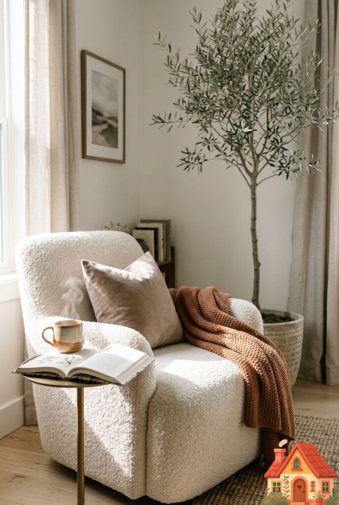 A cozy, sunlit corner of a guest bedroom. A plush, oversized bouclé lounge chair sits next to a small brass side table holding a steaming cup of tea and an open book. A tall olive tree stands behind it. Inviting, serene, perfect reading nook.
