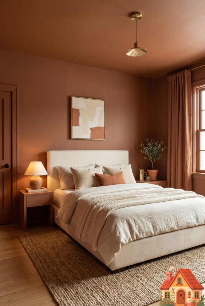 A dramatic and cozy guest bedroom perfectly color-drenched in a warm, earthy terracotta-brown. The walls, ceiling, and baseboards are all the exact same matte color. A soft cream-colored bed provides a stunning contrast. High-end, enveloping, modern design, 8k.