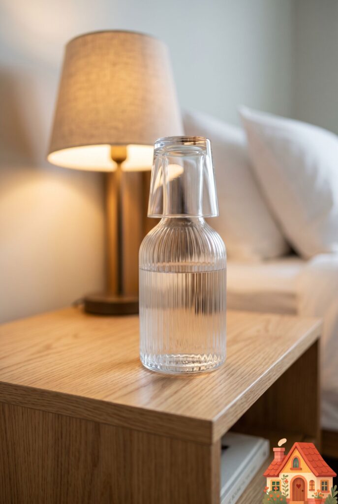 A close-up of a minimalist oak nightstand. On top sits a beautifully crafted, fluted glass water carafe with a glass cup inverted over the top acting as a lid. A single warm lamp glows in the background. Thoughtful, elegant, hyper-realistic hospitality detail.