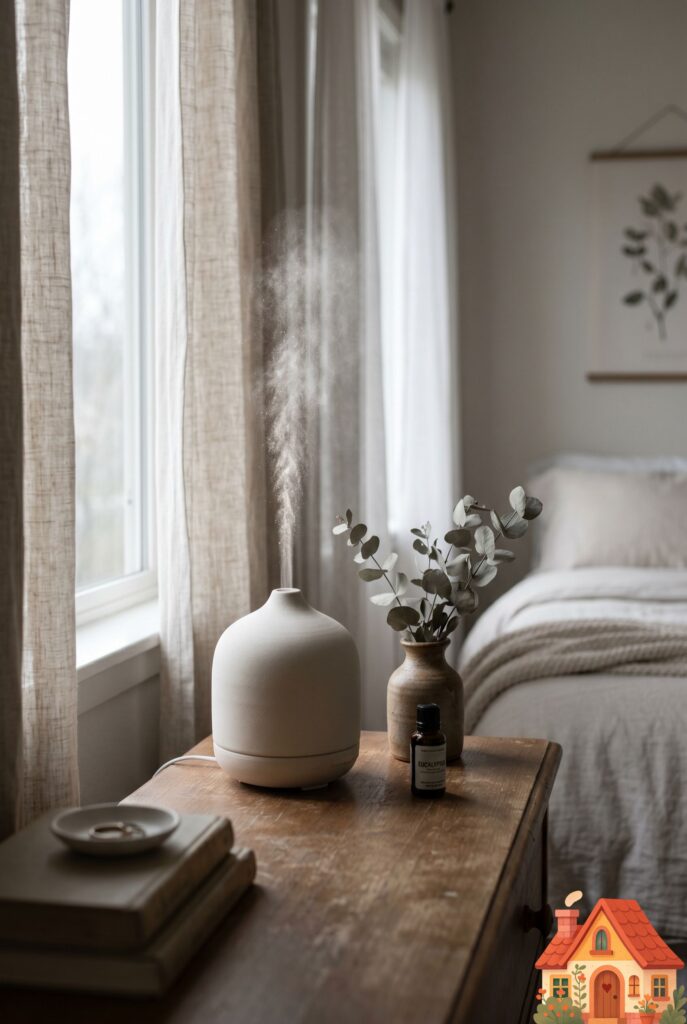 A beautiful, matte ceramic essential oil diffuser emitting a fine, soft mist on a wooden dresser. Beside it are a few sprigs of dried eucalyptus in a small vase. Soft, moody window light highlighting the mist. Calming, spa-like atmosphere, Pinterest aesthetic.
