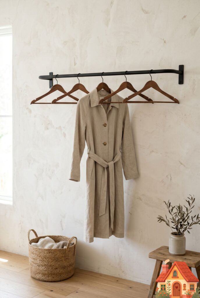 A sleek, matte black iron clothing rail mounted directly onto a textured limewash wall. Hanging from it are five beautiful, matching walnut wood hangers. A single neutral linen trench coat hangs gracefully. Minimalist organization, wabi-sabi aesthetic, clean and highly functional.