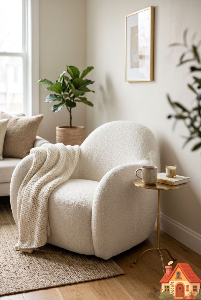 A cozy corner in a compact living room featuring a single, organically curved modern lounge chair upholstered in a highly textured, soft white bouclé fabric. A tiny brass drink table stands beside it. Luxurious, tactile textures, soft professional studio lighting.