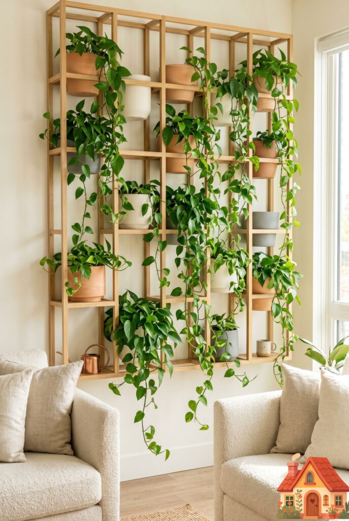 A bright living room wall transformed into a vertical indoor garden. A sleek, minimalist wooden grid holds multiple matte ceramic pots overflowing with lush, cascading trailing green pothos vines. Fresh, organic, biophilic design, sun-drenched lighting.