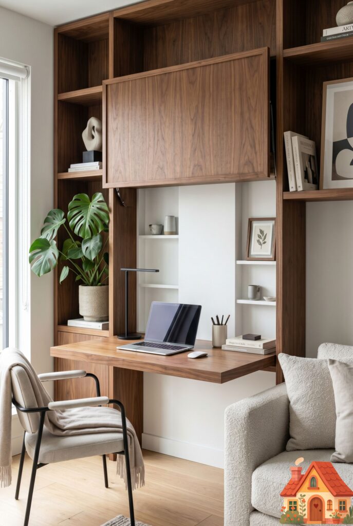 A clever, space-saving living room wall featuring a beautiful walnut wood cabinet folded down to reveal a hidden, functional workspace with a laptop and a small desk lamp. The design is sleek and minimalist. Highly functional, organized, modern aesthetic.