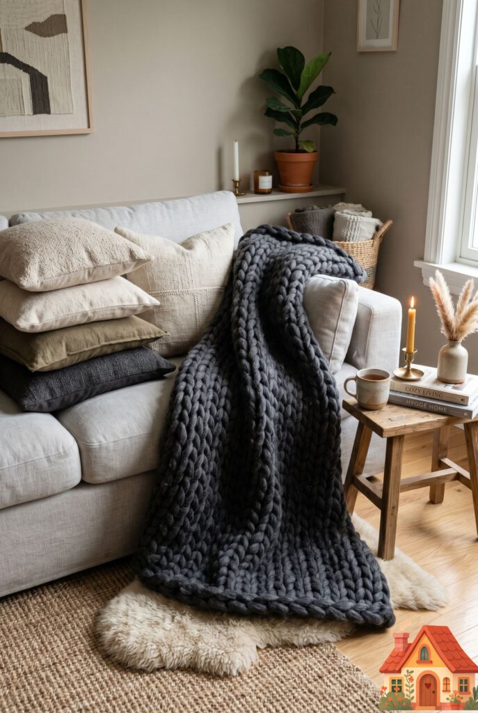 A deeply inviting light-gray living room sofa heavily layered with an oversized, massively chunky-knit charcoal wool throw blanket cascading off the armrest. Multiple linen pillows are stacked nearby. Tactile, snug, Pinterest-trending cozy interior.