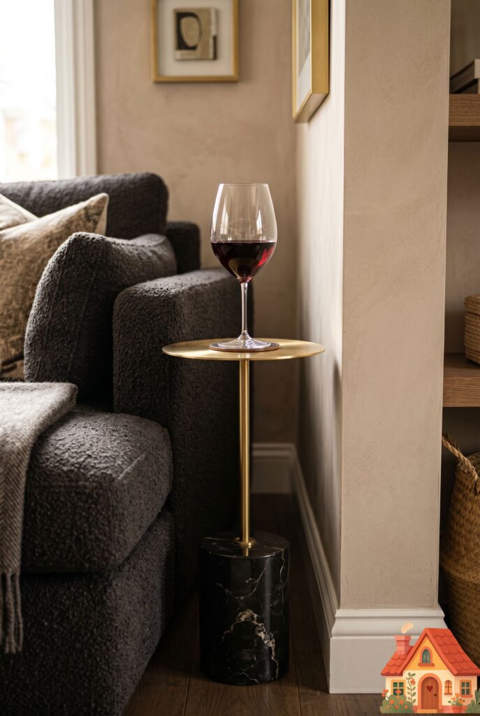 A close-up of a tiny, elegant drink table made of a solid, heavy black marble base and a thin brass top, tucked perfectly between a sofa arm and a wall. A single, elegant crystal wine glass rests on it. High-end, space-saving luxury, photorealistic.