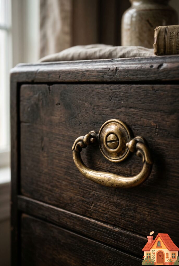 Macro photography of a stunning, slightly tarnished unlacquered brass drawer pull on a dark, moody wooden living room credenza. The lighting catches the warm golden tones of the metal against the wood. High detail, luxurious and timeless wabi-sabi aesthetic.