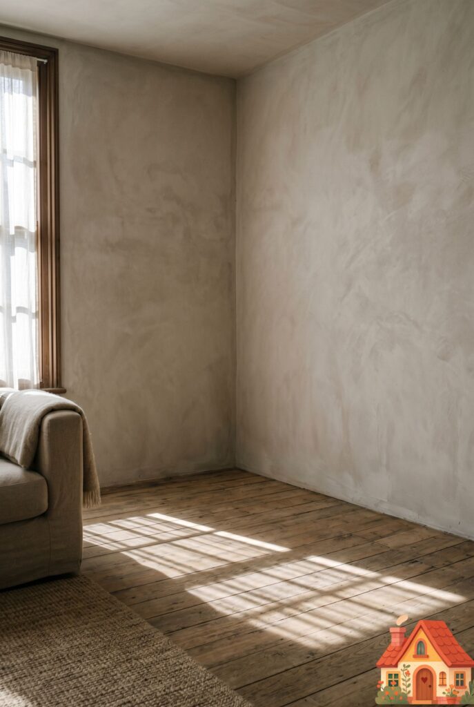 A view of a minimalist, compact living room where one entire corner is left intentionally bare. The walls are a soft, cloudy limewash. A single sunbeam casts a beautiful, long geometric shadow across the empty wooden floor. Profoundly peaceful, wabi-sabi design.