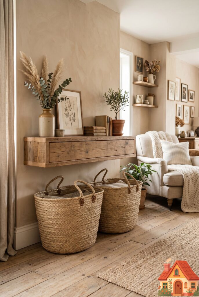 Two beautiful, oversized, natural woven seagrass storage baskets sitting neatly tucked beneath a floating wooden console in a living room. The room features a soft, earthy color palette. Highly detailed textures, organized and serene space, cottagecore touch.