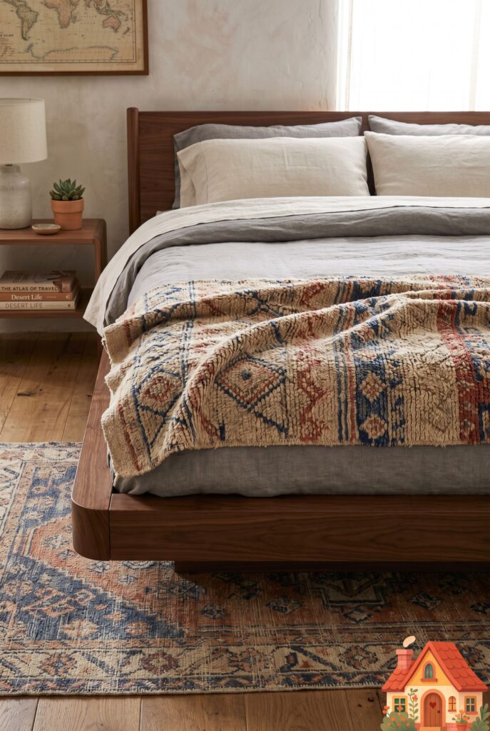 The foot of a modern, low-profile bed perfectly draped with a beautifully faded, highly textured vintage Moroccan wool blanket featuring muted indigo and terracotta patterns. The mix of clean modern lines with historic textiles creates a stunning, traveled aesthetic.