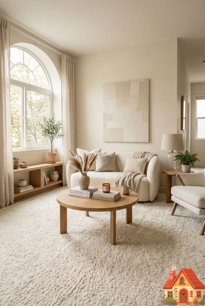 A beautiful, compact living room where the walls are painted a soft cream, and the floor is covered by a massive, edge-to-edge plush wool rug in the exact same matching cream tone. The lack of visual boundaries makes the room look incredibly large and serene.