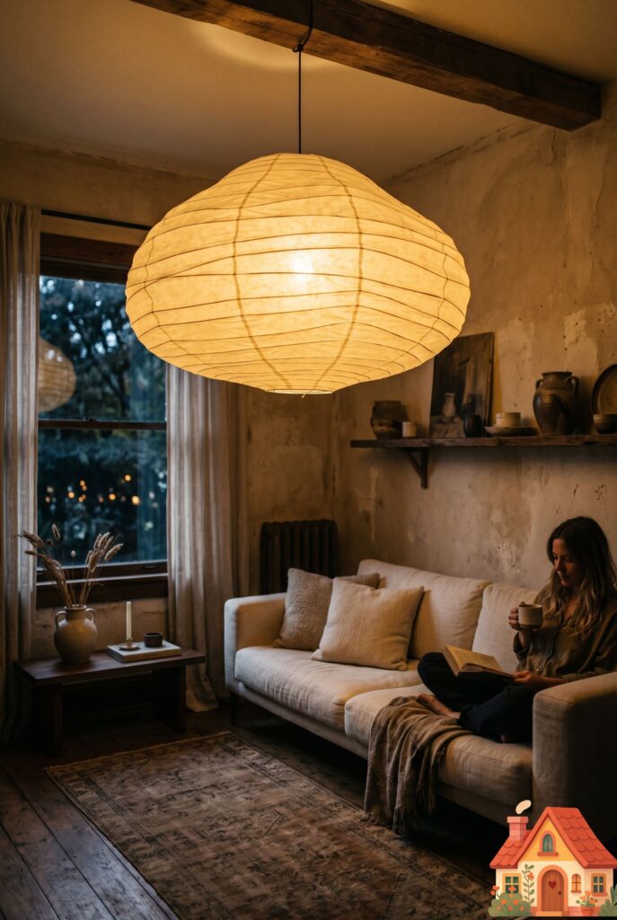 An intimate compact living room featuring an oversized, weightless, organically shaped Japanese paper lantern pendant hanging from the ceiling. It casts a deeply warm, ambient golden glow over a minimalist sofa. Cinematic, wabi-sabi lighting, highly atmospheric.