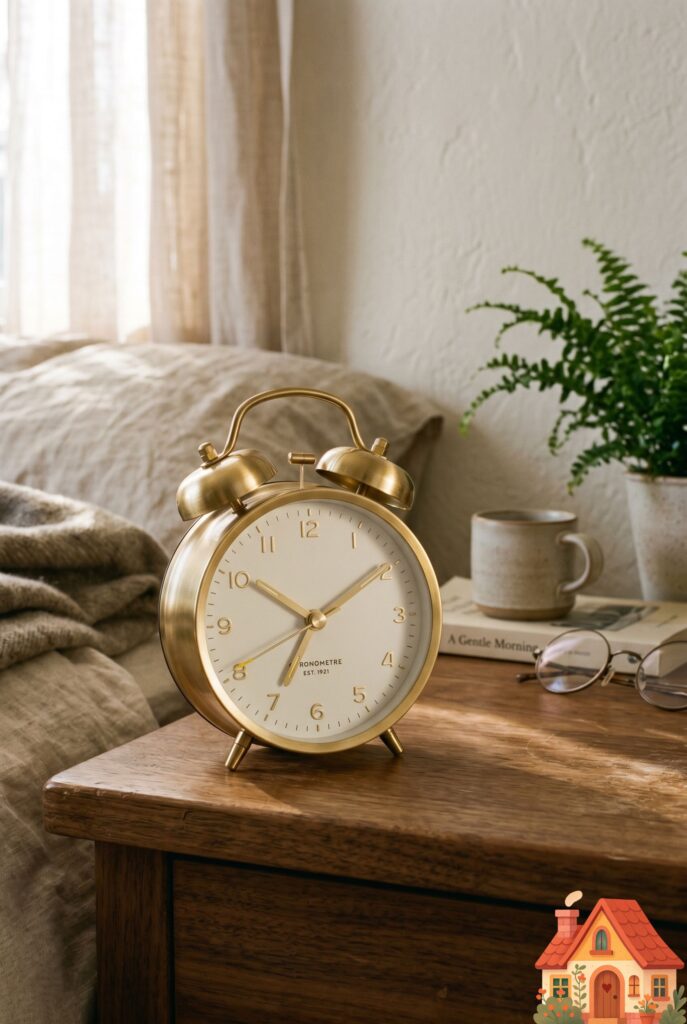 A close up of a beautiful, minimalist brass and matte-white analog alarm clock sitting on a wooden nightstand. A soft, warm light catches the metallic edges of the clock. Nostalgic, peaceful, highly detailed interior photography.