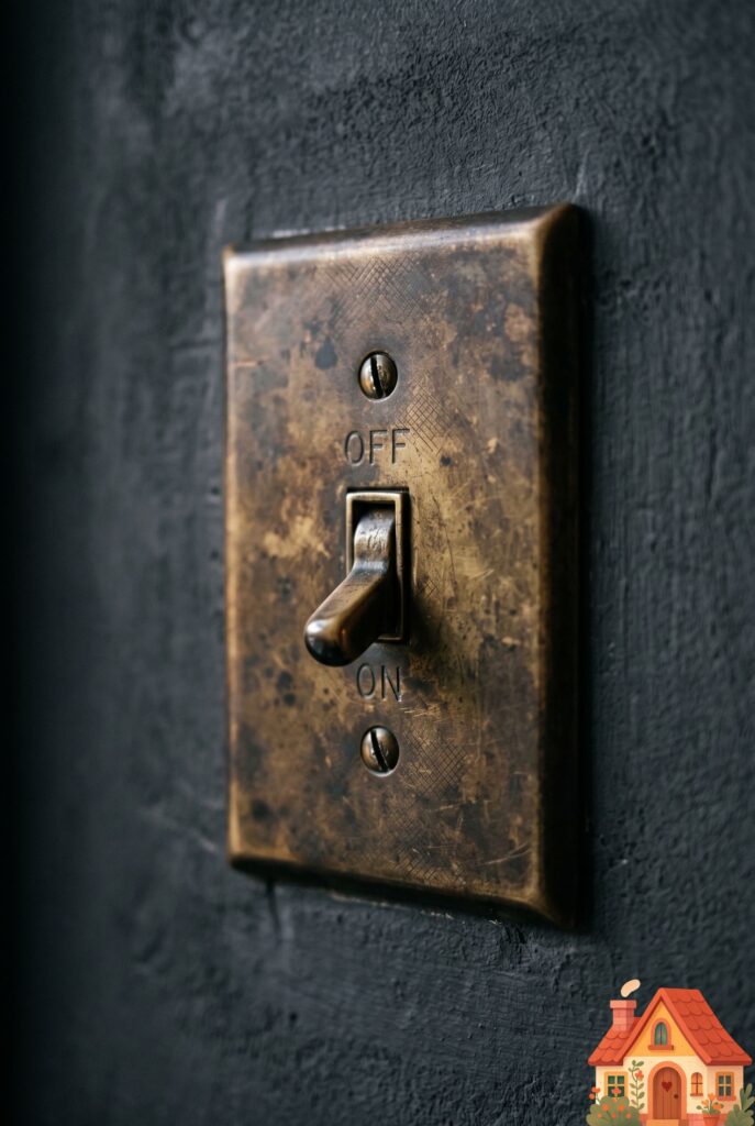 Macro photography of a stunning, unlacquered brass toggle light switch plate mounted on a dark, moody gray wall. The brass has a beautiful, authentic patina, showing slight wear. Luxurious architectural detail, high-end, tactile, 35mm lens.
