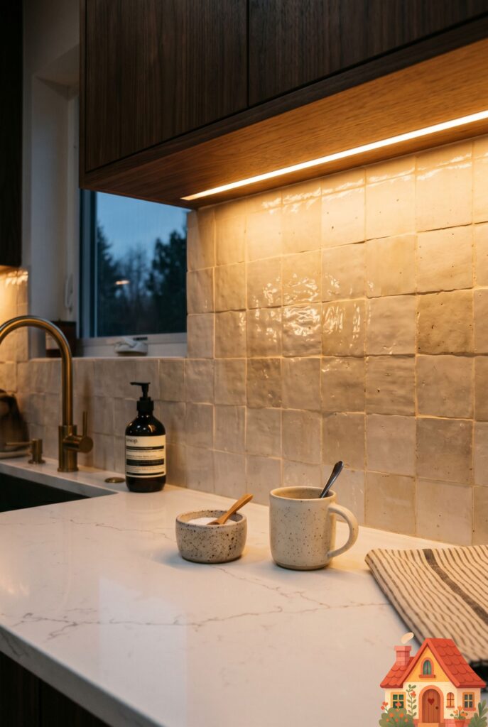 A close-up of a beautiful small kitchen counter at twilight. Hidden under-cabinet lighting casts a warm, amber, downward glow over a clean white quartz countertop and a textured zellige tile backsplash. Cinematic, highly atmospheric lighting, modern minimalist design.