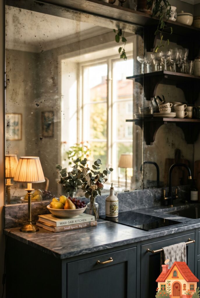 A stylish small apartment kitchen featuring a backsplash made entirely of antiqued, gently foxed mirror glass. It reflects a blurred view of a sunny window across the room. A small brass lamp sits on the counter. Sophisticated, moody, vintage-meets-modern aesthetic.
