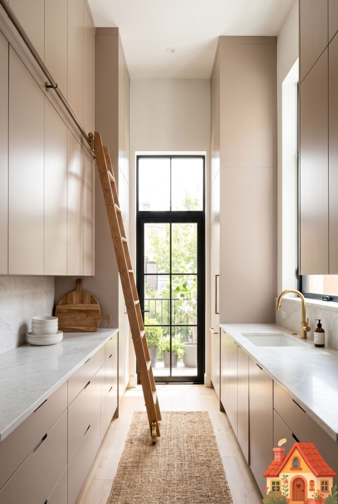 A narrow galley kitchen with beautiful, sleek modern cabinets painted in a soft mushroom taupe, extending all the way up to a high ceiling. A rolling wooden library ladder leans against the cabinets. Clean, incredibly tall visual lines, bright natural light.