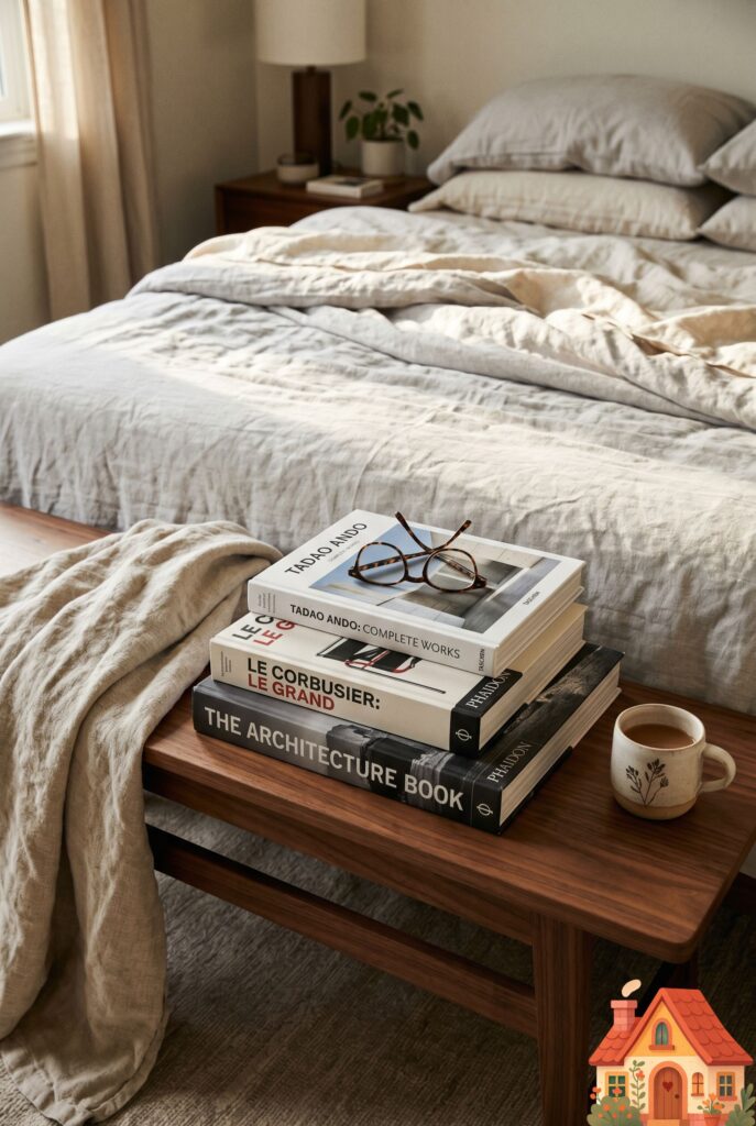 A perfectly styled wooden bench at the foot of a bed, holding a short stack of three large, high-end photography and architecture coffee table books. A pair of reading glasses rests on top. Intellectual, relaxing, deeply aesthetic Pinterest styling.