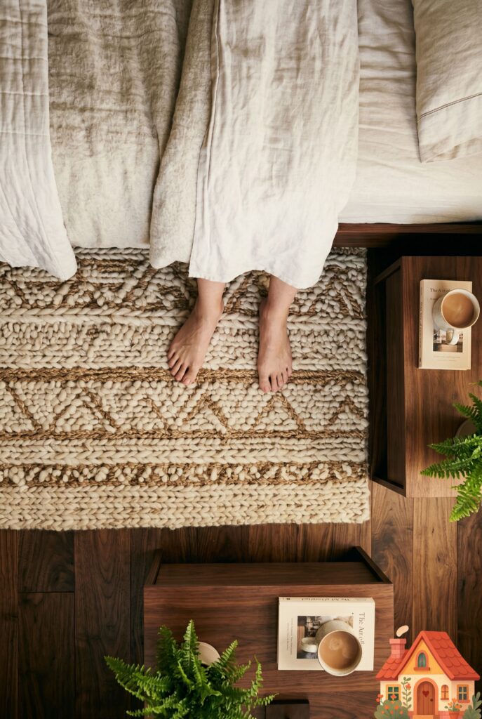 Looking down from the edge of a bed onto a beautifully textured, chunky natural wool and jute woven rug resting on a dark walnut floor. Bare feet are casually stepping onto the soft, highly tactile surface. Warm, organic, deeply comforting morning aesthetic.