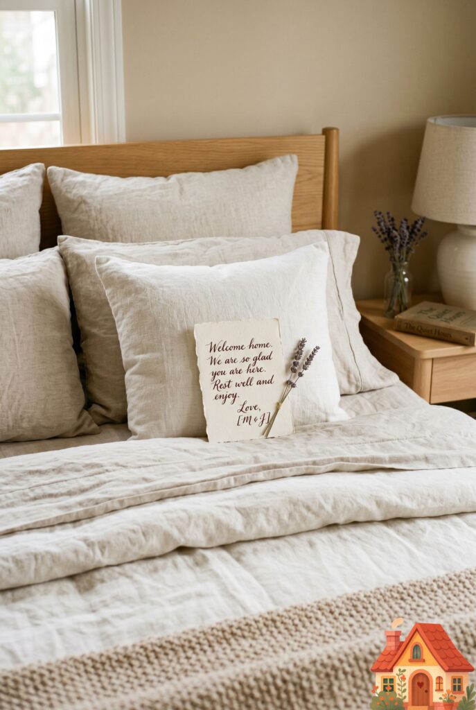 A beautifully made bed with soft linen sheets. Resting perfectly on the center pillow is a small, thick, textured cream-colored card with a handwritten note in dark ink. A single sprig of dried lavender is tucked under the card. Deeply emotional, welcoming, profoundly personal detail.