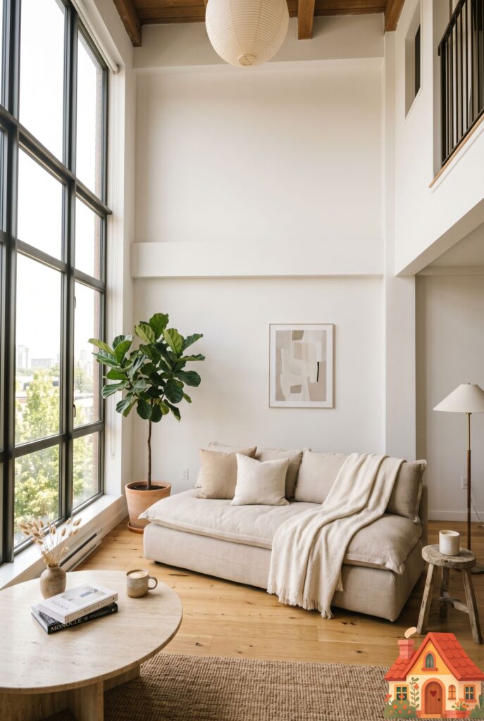 Editorial interior photography of a compact, sunlit living room. A luxurious, low-profile armless cloud sofa in soft oat-colored linen sits directly on the floor. Minimalist design, making the room look incredibly tall. Soft, diffused natural daylight, high-end Pinterest aesthetic, 8k resolution.