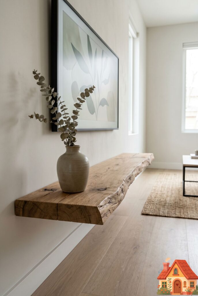 A small minimalist living room featuring a wall-mounted, raw-edge wabi-sabi oak wood media console floating seamlessly below a modern flat-screen TV. The floor underneath is completely clear. A handmade ceramic vase rests on the wood. Serene, clean lines, photorealistic.