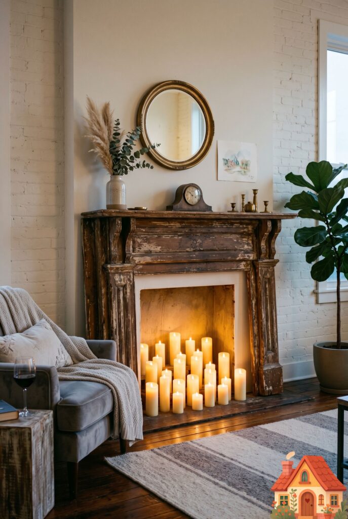  An apartment living room featuring a beautifully distressed vintage wooden fireplace mantel leaning against a blank white wall. Inside the firebox area is a cluster of varying heights of LED pillar candles glowing warmly. Romantic, cozy evening aesthetic, highly atmospheric.

