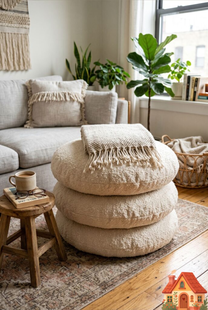 A cozy apartment corner showing a neat stack of three oversized, luxurious floor cushions upholstered in a nubby, cream-colored bouclé fabric. A small textured throw blanket rests on top. Casual, inviting, highly tactile aesthetic, natural daylight.